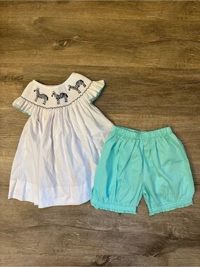 Smockingbird Girls White Smocked Zebra Top & Aqua Shorts Matching Set